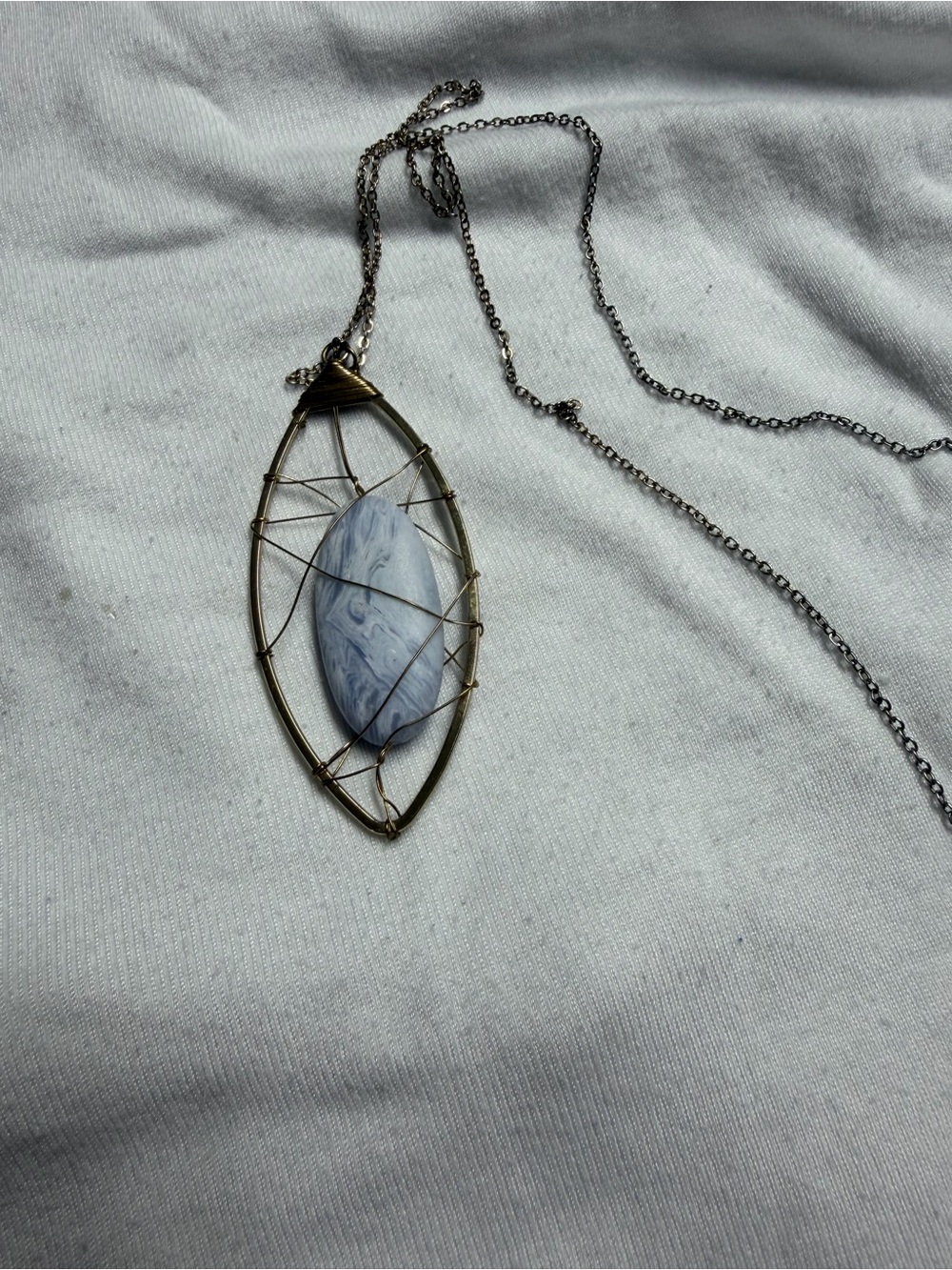 Blue Marbled Stone Wire-Wrapped Pendant Necklace - Women Jewelry